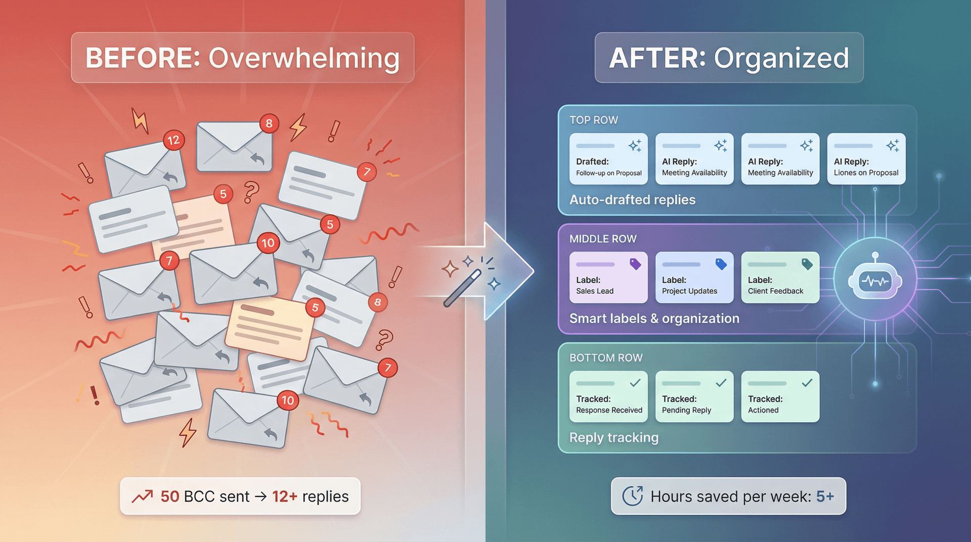 Before and after comparison showing chaotic email replies transformed into organized inbox with AI assistance